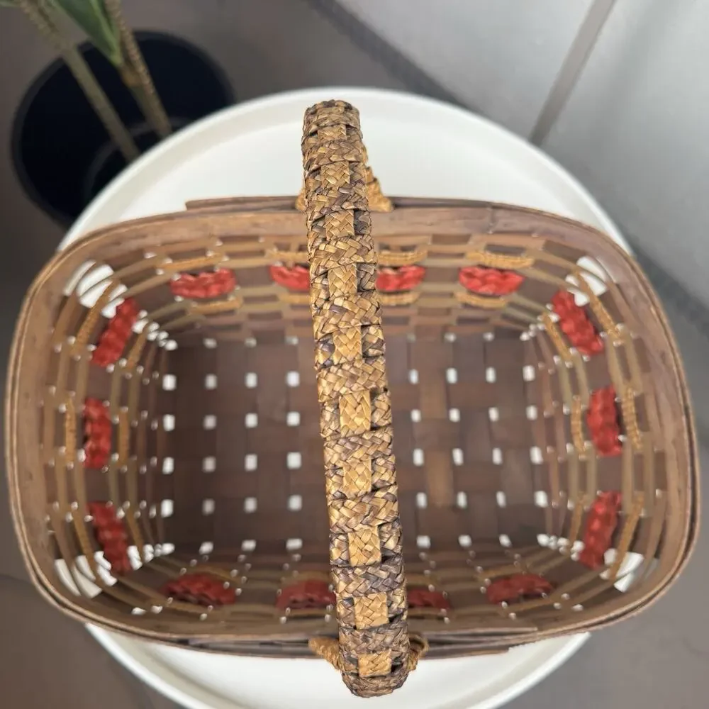 Vintage Primitive Gathering Basket Wood Splint Farm Market Basket Red‎ Accent